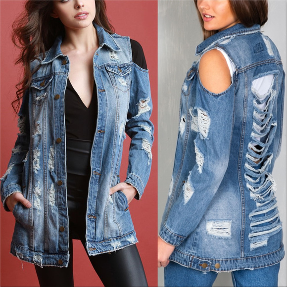 ❤LAST1❤ COLD SHOULDER DISTRESSED SLASHED DENIM - Picture 2 of 4